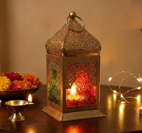 Lanterna marocchina eSplanade | Lampada a sospensione in vetro colorato | Portacandelina | Decorazioni per la casa | Rosso-Oro - 6,5 pollici (Multi-Golden)
