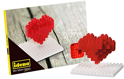 Idena 40153 - Postkarte Herz mit einem 3D Modellbauset mit 42 Original Brixies Minibausteinen, Schwierigkeitsgrad 1, Grußkarte oder Mitbringsel für Kinder und Erwachsene