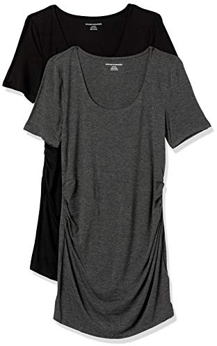 Amazon Essentials Women's Maternity Short-Sleeve Rouched Scoopneck T-Shirt, Pack of 2, Charcoal Heather/Black, XX-Large