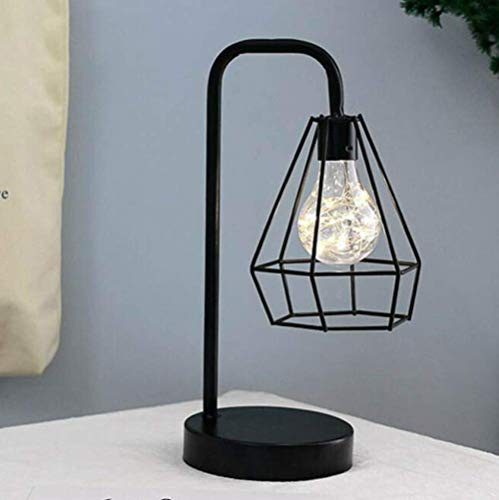 Vintage Table Lamp Diamond Iron LED Night Light Bulb Battery Operated Retro Black Geometric Wire Industrial Bedside Desk Light Metal Basket Cage Shade for Living Room Coffee Bar Decor(Warm White)