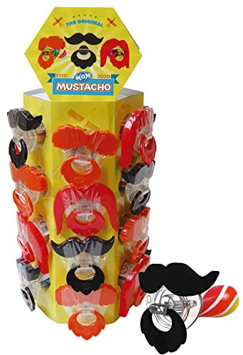 WOM Mustacho | Sucettes de Bonbons en Forme de Moustache | Lollipops Multicolores Saveur de Fraise et Cerise | Présentoir 24 Unités de 15 grammes Bonbons à la Fraise