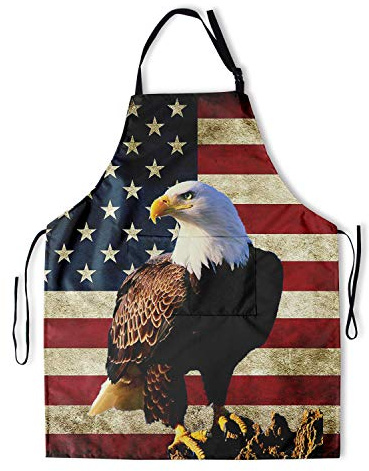 DZGlobal American Flag Apron Bald Eagle USA Theme Aprons with 2 Pockets and Adjustable Neck Straps Patriotic Waterproof Kitchen Chef BBQ Cooking Grill Bibs for Men Women 4th of July Gifts