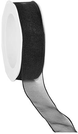 finemark 20 m x 25 mm Dekoband Chiffon SCHWARZ 09 mit Draht Geschenkband Schleifenband transparent Organza Premium Drahtkantenband Hochzeit Geburtstag Chiffonband einfarbig