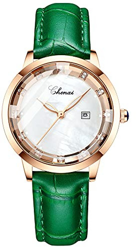 JewelryWe Damen Armbanduhr Analog Quarz Lederarmband Uhr mit Muschel Strass Kalendar Zifferblatt Grün für Frauen Geschenk