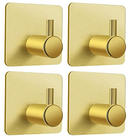 Mairhie Selbstklebende Handtuchhaken, 4 Stück, strapazierfähig, rostfrei, Aluminium, Wandmontage, Haken zum Aufhängen von Bademantel, Handtüchern, Mänteln, Hüten - Badezimmer, Türhaken (Gold)