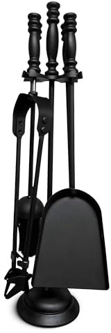 BLADO 5 Pc Black Fireside Companion Set–Durable Cast Iron Fireplace Accessories for Wood Burning Stove–Fire Poker Shovel Fire Brush–Complete Companion Sets for Log Burners – 5 Fireplace Tool Sets