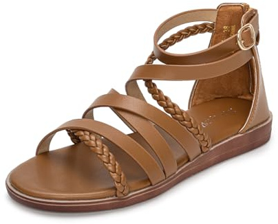 YEOJOU Women's Gladiator Sandals Strappy Braided Flat Sandals with Back Zipper, Comfortable Open Toe Ankle Strap Dressy Summer Shoes for Beach, Vacation Tan Size 9