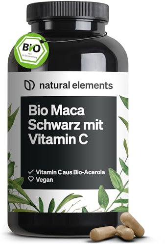 natural elements Bio Maca Schwarz – 180 Kapseln – 3000mg je Tagesdosis (entspricht 12.000mg Maca Wurzel) – mit natürlichem Vitamin C – biozertifiziert, hochdosiert, vegan, laborgeprüft