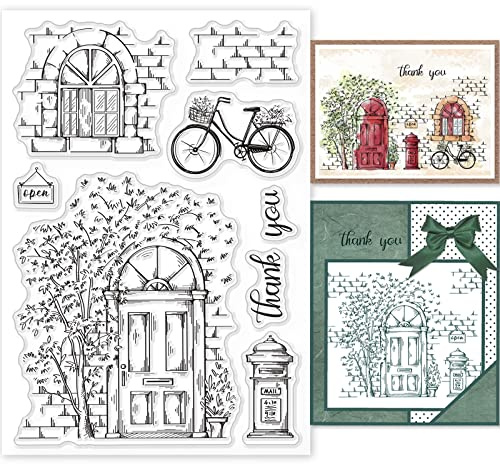 GLOBLELAND Landschaft Clear Stamps für DIY Scrapbooking Dekor Tür Fenster Fahrrad Baum Briefkastenszene Transparente Silikonstempel zum Erstellen von Karten Fotoalbum Dekor
