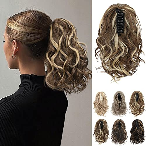 REECHO Ponytail Extension, Haarklammer in Pferdeschwanzverlängerung kurzer lockiger Pferdeschwanz Haarverlängerungen natürlich gewelltes Pferdeschwanz Haarteil für Frauen – Hellbraun mit Highlights