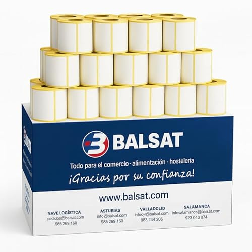 BALSAT Rollo de etiquetas termica adhesiva para balanzas, etiquetadoras zebra, etiquetas termicas, impresion termica profesional, 650 etiquetas/rollo - Caja 24 Rollos (60x60)