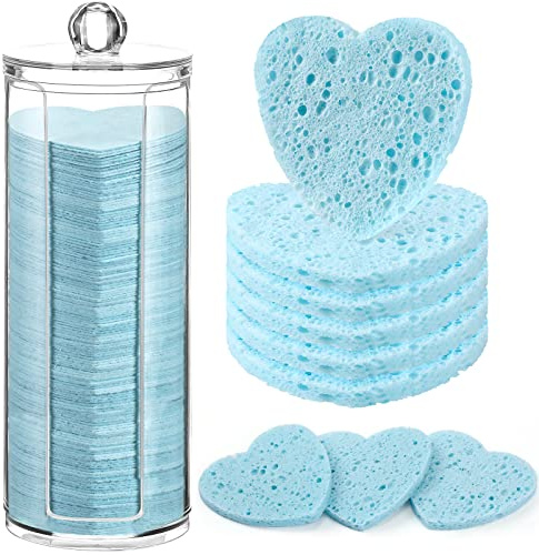 Sieral 120 Pcs Compressed Facial Sponges for Women with Container Disposable Face Sponge Pads for Washing Face Cleansing Exfoliating Esthetician Makeup Removal(Heart,Light Blue)