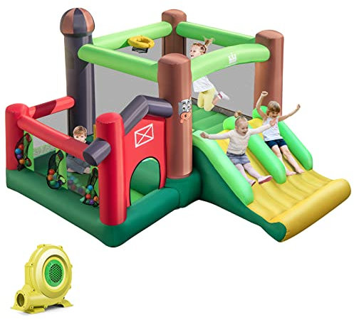 DREAMADE 6-in-1 Aufblasbare Hüpfburg mit Doppelrutschen, 356 x 330 x 220 cm Spielburg im Bauernhof-Stil mit Bällebad & Sprungbereich & Basketballkorb, Hüpfschloss für Kinder ab 3 Jahre (mit Gebläse)