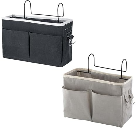 2Pcs Tasche da Letto Appendibile, Borsa da Comodino, Portaoggetti da Appendere al Comodino, Portaoggetti Appendere In Tessuto Borsa per Camera da Letto Bagno Cucina Libro Cosmetico (Nero+Grigio)