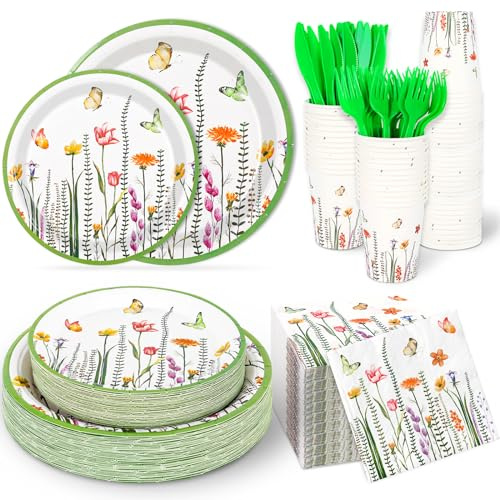 144 Pcs Spring Floral Party Decoration Flower Butterfly Tableware Set Colorful Disposable Paper Plates Cups Knives Forks Napkins for 24 Guests Birthday Wedding Party Favors