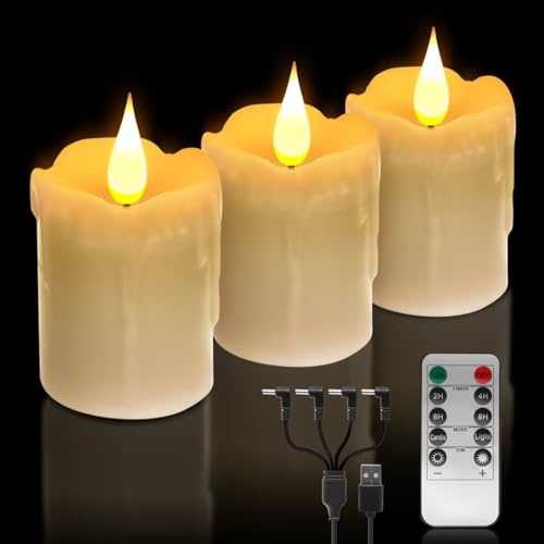 3 PCS Real Wax Rechargeable Flameless Warm White LED Candles,Remote Control | Brightness Adjustable Flickering Battery Operated Tea Lights Candles with Timer,for Christmas, Wedding, Home Decor