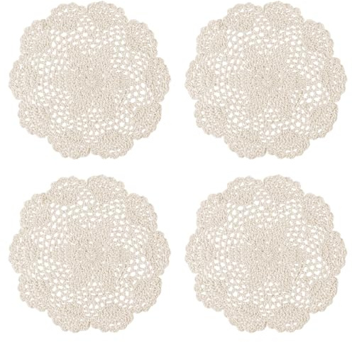 WLLHYF Confezione da 4 centrini vintage all'uncinetto, rotondi, in cotone, fatti a mano, in pizzo, per tavoli artigianali, tavoli alimentari, bordo ondulato, per matrimoni e compleanni, colore beige