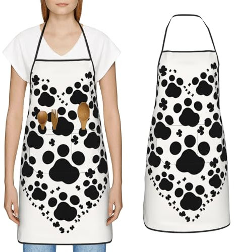 YoupO Kochschürze mit Hundepfotenabdruck, Herz-Druck, mit großen Taschen, Küchenschürze, wasserdicht, Arbeitsschürze für Männer und Frauen, Weiss/opulenter Garten, Einheitsgröße