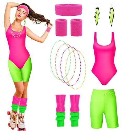 HIQE-FL 80er Jahre Accessoires Outfit Damen, Workout Kostüm Mit Bauchtasche, 4 Perlen Neonhalsketten für Karneval, Fasching, Mottoparty