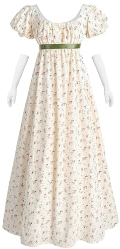 NSPSTT Women Regency Dresses Puff Sleeves Empire Waist Victorian Dresses Tea Party Gown Vintage Dress Empire Waist Dress Victorian Abendkleid with Gloves