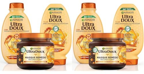 Garnier Ultra Doux Trésors de Miel - Routine Capillaire Reconstituante - Shampooing, Après-Shampooing & Masque - À la Cire d'Abeille & Au Miel d'Acacia - Pour Cheveux Fragiles & Cassants (Lot de 2)