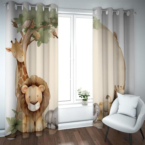 Deertweet Home Niedliche Zoo Tier Kinder Vorhänge Bäume Giraffe Löwe Elefant Vögel Bär Druck Fenstervorhänge für Jungen Mädchen Kinderzimmer Schlafzimmer Spielzimmer 2 Paneele H229xB229