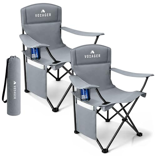 Voyager Folding Camping Chair 2-Pack, Lightweight with Pocket and Drinks Holder, Holds up to 120kg Each, Easy to Transport, Foldable Outdoor Chair Set - Dark Grey