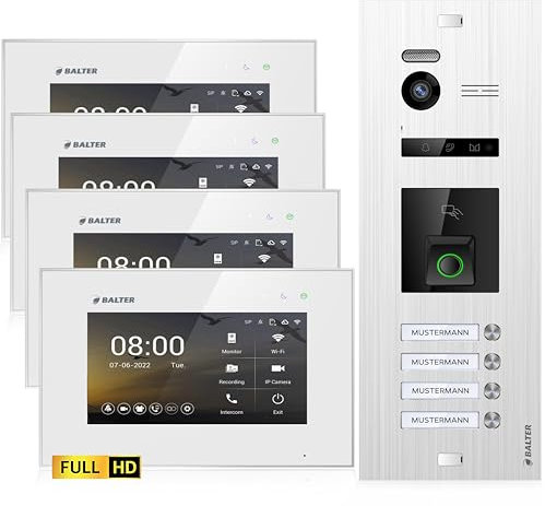 Balter EVO-HD Video Türsprechanlage mit Fingerprint, Video Türklingel, 4 Familienhaus, 4X 7 Zoll Monitore, Türklingel mit Kamera Full HD, 2 Draht Bus, 175° Weitwinkel, RFID,1080P