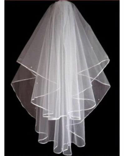 NIUSABOU Hochzeit Tüll Kurzer Brautschleier Band Schleier, Zweilagiger, elfenbeinweißer 2T-Brautschleier mit Strasskristallen und Perlen, Kamm-Ellbogenschleier