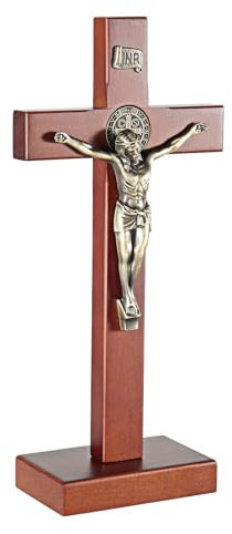 ARCHOBAN Wooden Crucifix Wall Cross Catholic with Stand, 10.7 Inch Jesus Christ Standing Cross for Wall and Table - Brown + Antique Brass