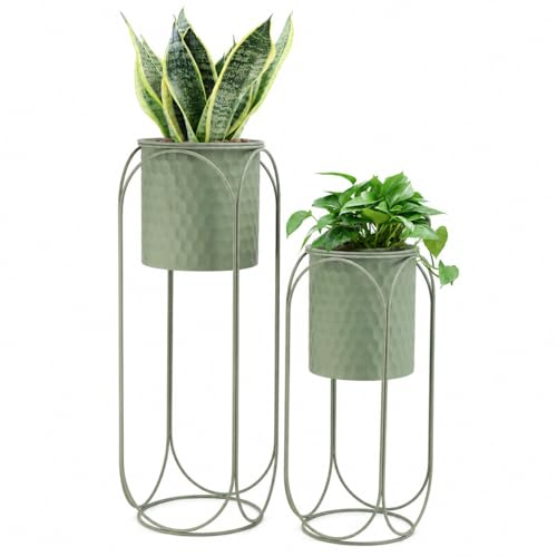 TRIROCKS Set mit 2 Pflanzgefäßen für Drinnen und Draußen mit Ständer für Pflanzen 65,5 und 45,5 cm hoch Moderne Blumentöpfe für Wohnzimmer Ecke Küche Büro Garten Balkon Terrassendekoration (Grün)