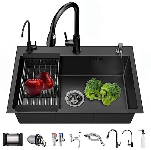 Évier de cuisine, noir mat, en acier inoxydable 304, 60 x 45 cm, avec robinet, distributeur de savon/robinet potable, 60 x 45 cm