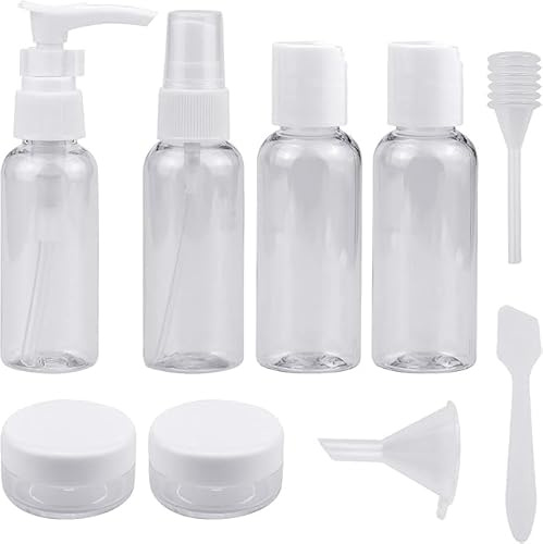 Wandefol Juego de 9 botellas de viaje pequeñas, atomizador de viaje, botella de plástico, atomizador de perfume, botella de spray vacía, juego de viaje portátil