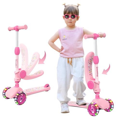 BremToy Roller Kinder ab 2 3 4 Jahre, Kinderroller mit Sitz, Scooter Kinder Mädchen Junge, Tretroller mit Leuchträdern, Höhenverstellbarer Kickscooter für Kleinkinder (Rosa)