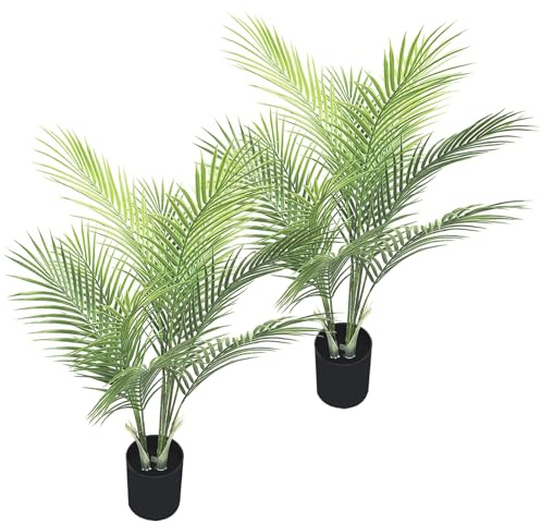 32-inch Artificial Palm Tree, Faux Little Tree with 11 Trunks and Pot for Indoor and Outdoor Modern Decor - Perfect for Home, Office, or Table (2 Pack)