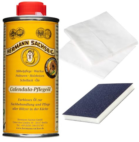 Hermann Sachse Holzpflegeöl für Schneidebretter 250ml – Lebensmittelgeeignetes Pflegeöl für Küchenhelfer aus Holz – Inkl. Universaltuch & Schleifmatte – Made in Germany