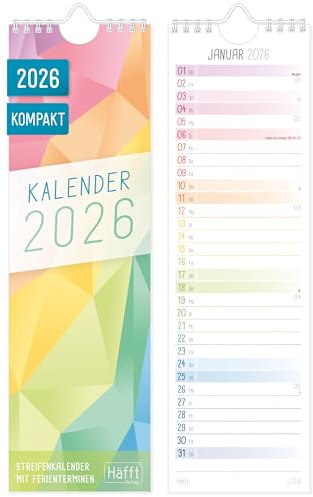 Häfft® kompakter Streifenkalender 2026 schmal (9 x 30 cm) Monats-Wandkalender für Küche, Flur & Co - übersichtliche Termine & Geburtstage Rainbow- nachhaltig & klimafreundlich