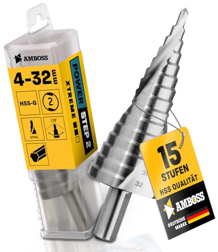 Stegborr Ø 4–32 mm/15 steg konborr/10 mm skaft/professionell metallborr, konisk borr HSS/städ PowerStep 2, hålborr lämplig för stål, aluminium, plast, akrylglas