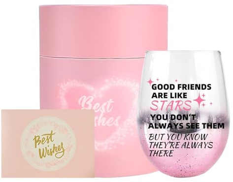 DYUEE Friendship Gifts for Women, Wine Glasses Drinking Personalised Birthday Gifts for Friend, Thank You for Friends Colleagues, 16 Oz Pink Starry Sky Sparkling Women's Personalized Wine Glass