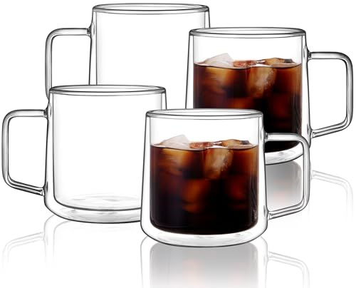 CNGLASS 15oz(4-pack) Double Walled Glass Coffee Mugs,Large Insulated Glass Mugs with Handle,Clear Coffee Cups for Espresso,Latte,Cappuccino,Tea