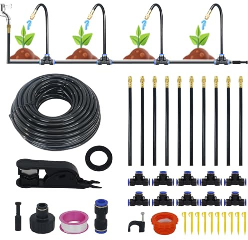 Drip Irrigation Kit, 10 Nozzles & 33FT Tubing for Garden & Greenhouse | Includes drippers, sprinklers, stakes. Easy to customize, precise watering. For flower beds, veggies, raised beds