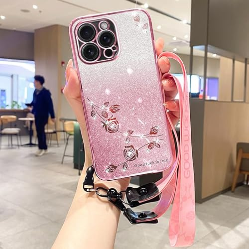 HAONANDE Funda para Motorola Moto G22 con Correa Bandolera, Funda Colgante Brillante con Flores, Carcasa Fina TPU Suave Antigolpes para Mujer Compatible con Carga Inalámbrica Rosa