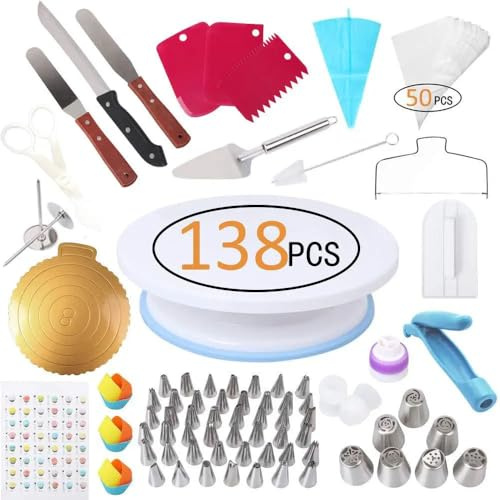 138 pièces set Kit d outils de décoration gâteaux à plateau rotatif pâtisserie sacs douilles Ensembles fournitures pour tous âges et niveaux compétence Acier inoxydable qualité alimentaire Réutilisabl