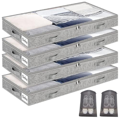 Unterbett Aufbewahrungsbox 4 Stück Unterbettkommode und klarem Transparenter Deckel, 10 cm hoch Faltbar Unterbett Aufbewahrung mit 4 Griffen & 2 Reißverschluss für Kleideraufbewahrung & Organisation