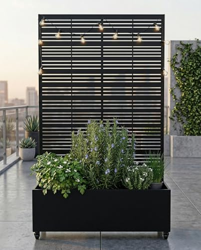 Hochbeet Metall mit Sichtschutz, Pflanzbeet Pflanzkübel Pflanzkasten Frühbeet Gartenbeet Blumenkasten Blumenbeet mit Rankgitter und Rollen wetterfest für Garten, Balkon und Terrasse
