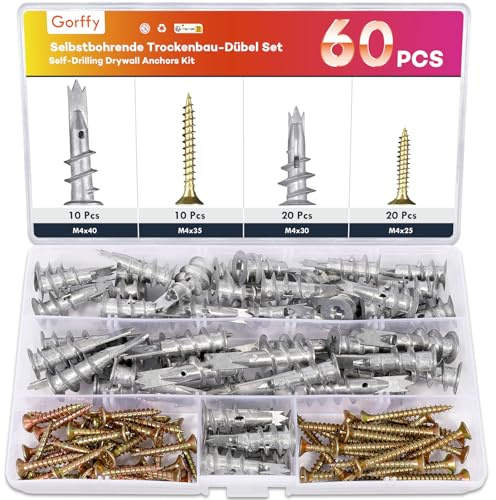 Gorffy Plasterboard Fixings 60PCS, Self Drilling Metal Heavy Duty M4 | M4 Self Drilling Drywall Anchors Set, Cavity Anchors, for Plaster Boards, Composite Boards, Wooden Boards