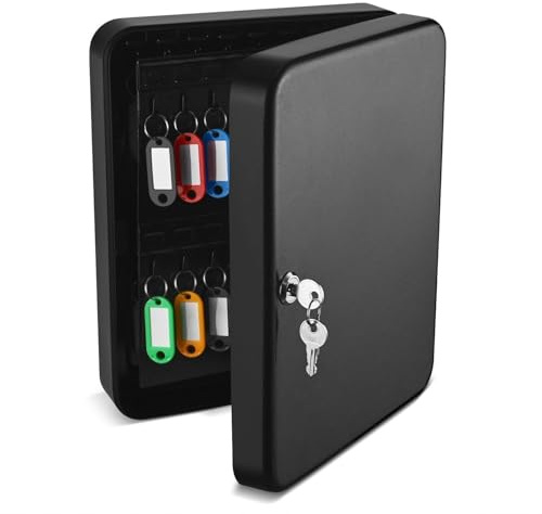 Flexzion Key Cabinet Key Lock Box Wall Mount with 60 Key Holder Organizer Locker Case, Colored Key Tags & Hooks Wall Mounted Lock Box for Keys Storage, Homes, Property, Hotels, Business (Black)