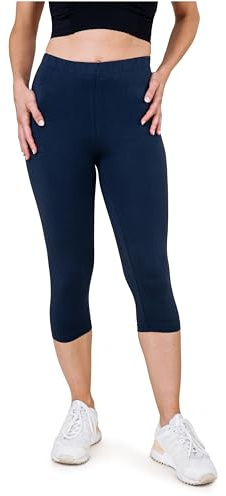 SES Capri-leggings för kvinnor av bomull 32–34 till 56–58/ogenomskinliga damleggings capri-leggings/elastiska damleggings 3/4 långa bomull/damcaprileggings med perfekt passform, marinblå, 40-42