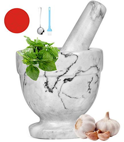 Juego de mármol de mortero y mortero para especias, condimentos, pastas, guacamole, molinillo de hierbas, fácil de limpiar, incluye: alfombrilla de silicona, cepillo, cuchara de acero inoxidable de