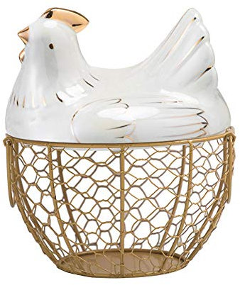 Porta uova a forma di gallina, in ceramica e rete metallica, elemento decorativo da cucina, per contenere uova, snack, frutta, colore: oro e bianco